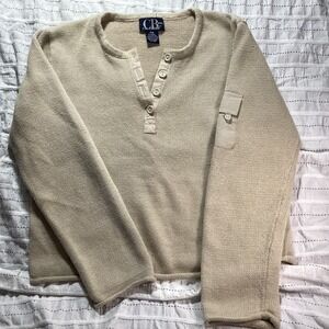 CB Casual Tan Ramie Cotton Henley Sweater Sleeve Pocket Beige Womens PM Petite